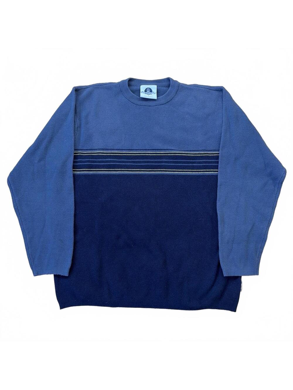 Y2K XG/Point Zero Style Men's Blue and Yellow Striped Crew Neck Sweater Size Med